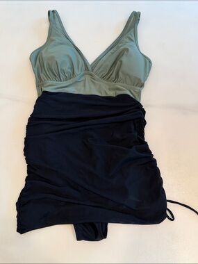 Two-Tone Ruched One-Piece Swimsuit - Sage Top & Black Skirt